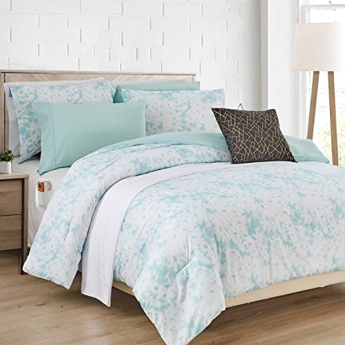 Image of Elegant Comfort Reversible 10-Piece Comforter Set, Tie-Dye Print, Decorative Pillow and Fitted Sheet with Smart Pockets, Soft, Plush, Lightweight Material, 10pc Tie-Dye Set, Cali King, Aqua Mint