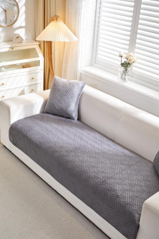 Image of HOMETHREADS Innovative Premium Velvet Sofa Cover Mat with PVC Backing for Non-Slip Comfort | (Grey Vrsh, 5 Seater | 70x230cm)