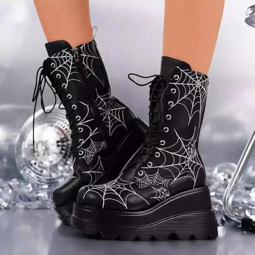 Platform Goth Mid Calf Boots for Women Punk Motorcycle Round Toe Combat Chunky Heel Boots Side Zip Lace Up Wedge Booties2