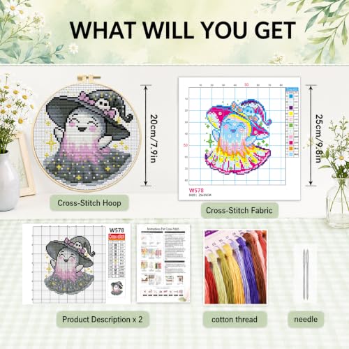 Image of VIGEGU Ghost Stamped Cross Stitch Kits for Adults Beginners with Frame | Partial 11CT Halloween Cross-Stitch Kit,DIY Arts and Crafts for Adults,Embroidery Kit for Adults Beginners 8x8inch