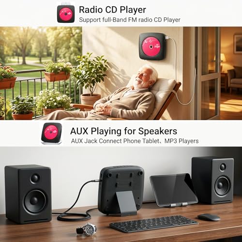 Image of Gueray Portable CD Player Bluetooth: CD Players for Home Rechargeable Desktop Wall Portable CD Player with Bluetooth & Dual Speakers 1800mAh Boombox FM Radio MP3 Music Player (Jet Black)