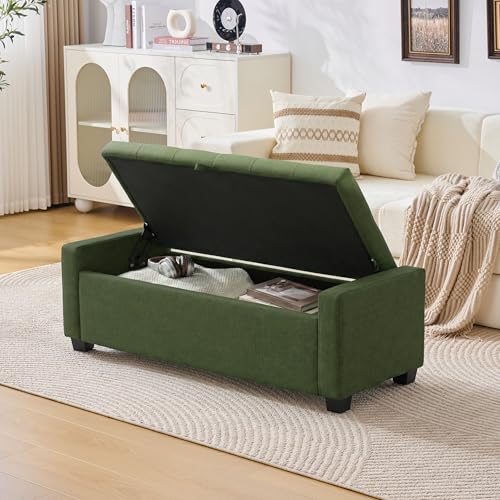 Image of Huatean Home 48 inch Ottoman with Storage, Storage Ottoman Bench with Safety Hinge, Upholstered Entryway Bench with Seating for Bedroom, Living Room, Holds up to 330 lb, Green