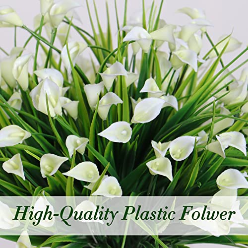 8 Bundles Artificial Flowers Outdoors UV Resistant Faux Flowers Plastic Calla Lily Flowers Plants for Outside Hanging Planters Window Porch Home Garden Decoration (White) image 7