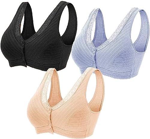 3Pack Everyday Cotton Snap Lace Bras - Women's Front Close Builtup Sports Push Up Wire Free Bra