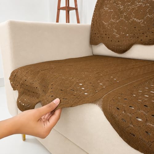 Image of Homerz Premium 'Surya Series' Sofa Cover | Stylish Sofa Protector | Net Fabric | Anti-Stain & Washable Slip Cover Exact Size Antislip (Flower Valley Brown, 6 (3+2+1) Seater, Seat Cover with Backrest)
