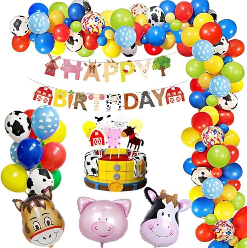 Decoração de festa de aniversário quinta para criança, animais de quinta aniversário decoração com balões de animais de quinta, balões de cores, Happy Birthday grinalda para aniversários de crianças