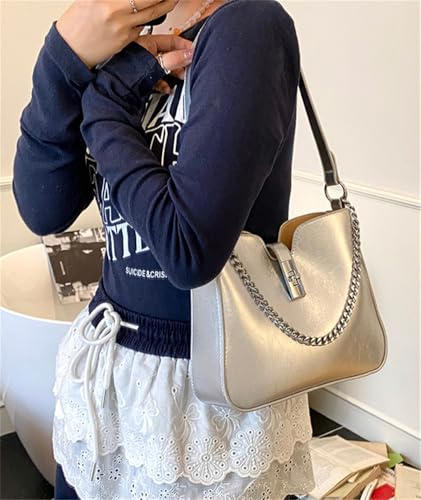 PU Leather Shoulder Bag Bucket Crossbody Purse Trendy Tote Handbag Metal Chain Satchel Work Dating2
