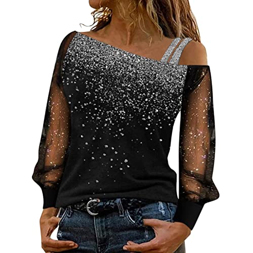 2022 Camiseta Manga Larga Mujer, Verano Moda Impresión Elegante Blusa Camisa Malla Manga Camiseta un Hombro Sexy Suelto Tops Cuello en V Casual Fiesta T-Shirt Original cómodo tee