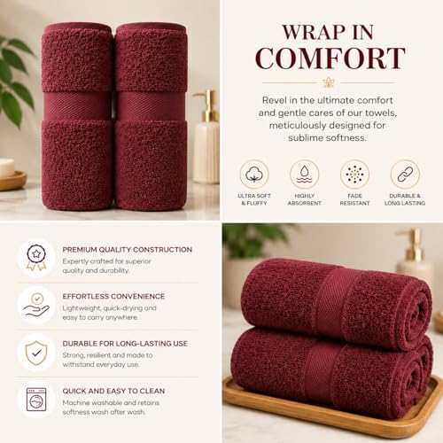 Image of Sulfar 100% Combed Cotton, Quick Drying Highly Absorbent, Luxury Hand Towel Set (Pack of 2, 40 X 70 cm) Red Wine