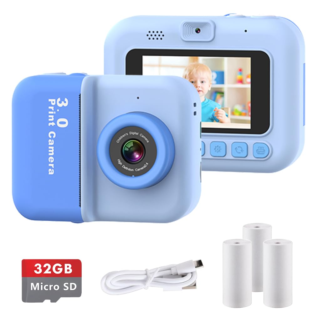 IXROAD Kids Camera Instant Print, 48MP Digital Camera for Girls Boys, Blue, Compact, Instant Printing, 3" Screen, 32GB Card, Printing Paper, Color Pen