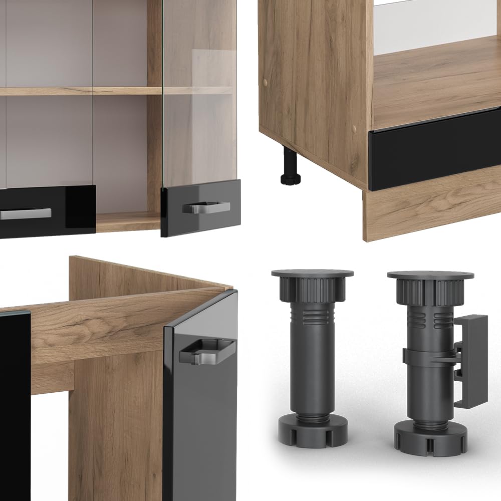 Vicco Cuisine en Angle R-Line, Noir Brillant/Chêne doré, 287 x 227 cm | 12 Modules · Pieds réglables en hauteur · Sans plan de travail · Façades robustes · Avec armoire pour réfrigérateur