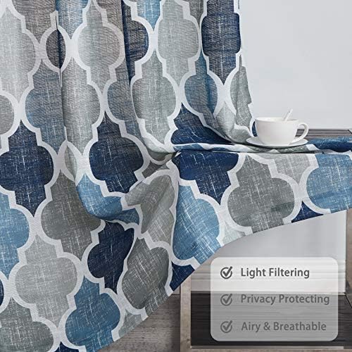 Beauoop Lattice Moroccan Tile Print Curtains 90 Inches Long Quatrefoil Linen Like Semi Sheer Curtain Grommet Window Treatment Set for Farmhouse Living Room Kitchen, Set of 2, 50 x 90 Inch, Blue/Grey