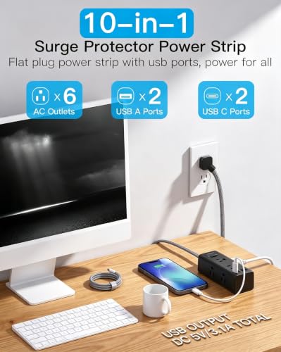 Image of Extension Cord 10Ft, Flat Surge Protector Power Strip 10 Ft Long Cord,Black | One Beat 6 Widely Outlets 4 USB Ports (2 USB C), 10ft Extension Cord Wall Outlet Extender for Home Office College Dorm Room