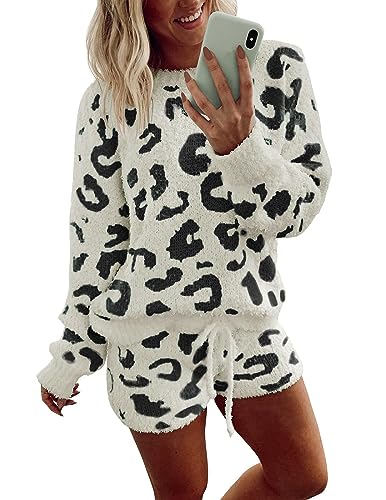 Ekouaer Fuzzy Fleece Pajamas 2 Piece Warm Soft Lounge Set Long Sleeve Sweater Top and Shorts Loungewear Outfits Sweatsuits