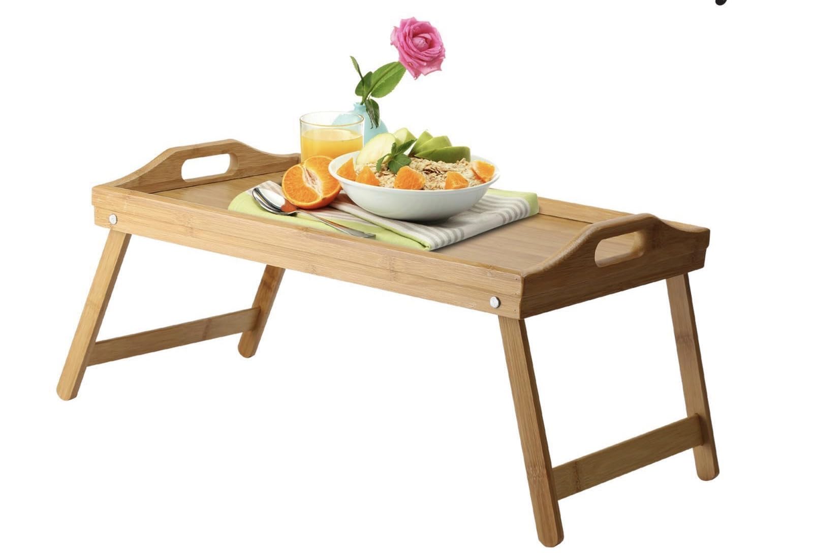 Adeptna Natural Real Bamboo Wooden Folding Breakfast Tray With Folding Legs Breakfast Lunch Dinner Serving Lap Tray Table Mate (Natural)