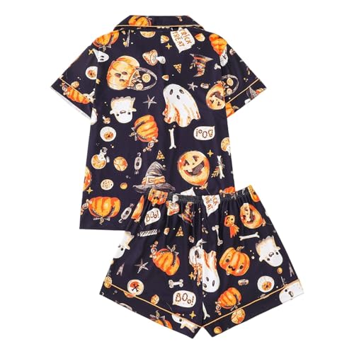 Conjunto de pijama corto de Halloween para mujer, conjunto de 2 piezas con estampado de calabaza fantasma y pantalones cortos, conjunto de ropa de dormir con botones, ropa de descanso, ropa de dormir