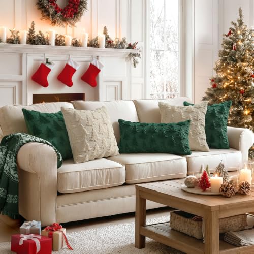 Image of MIULEE Christmas Throw Pillow Covers Lumbar Dark Green Christmas Decorations Xmas Tree 12x24 Pillow Covers Soft Plush Faux Wool Pillowcases Holiday Festivals Winter Home Decor Sofa Couch Bed Porch