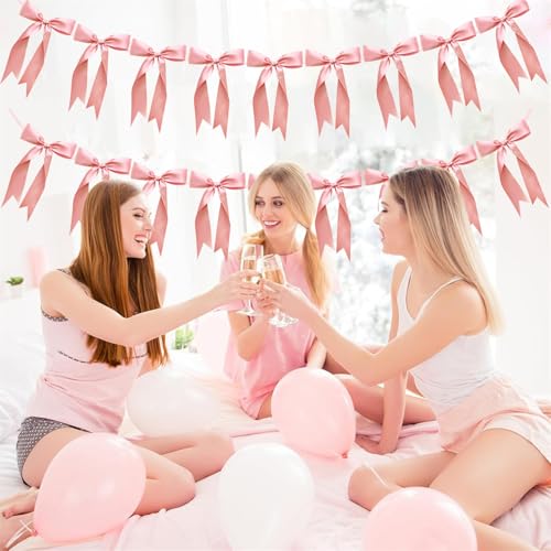 Image of 2pcs Bow Garland Banner Ribbon Bow Party Decorations for Baby Shower Decor Tying The Knot Girls Bow Coquette Birthday Party Decoration (Peach Pink)