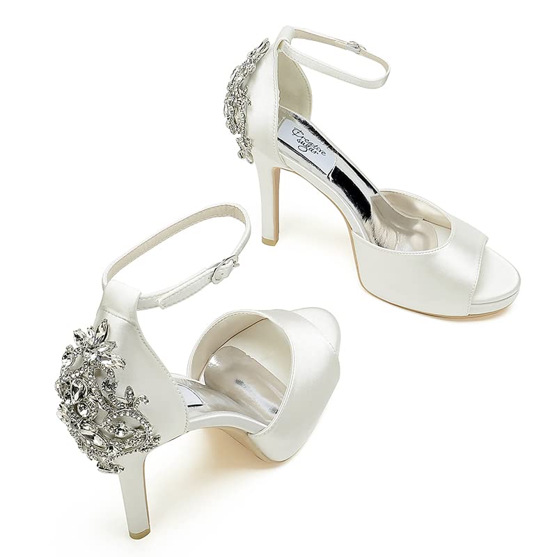 Image of Lady Satin Dress Platform High Heels Wedding Sandals Crystal Back with Free Earrings