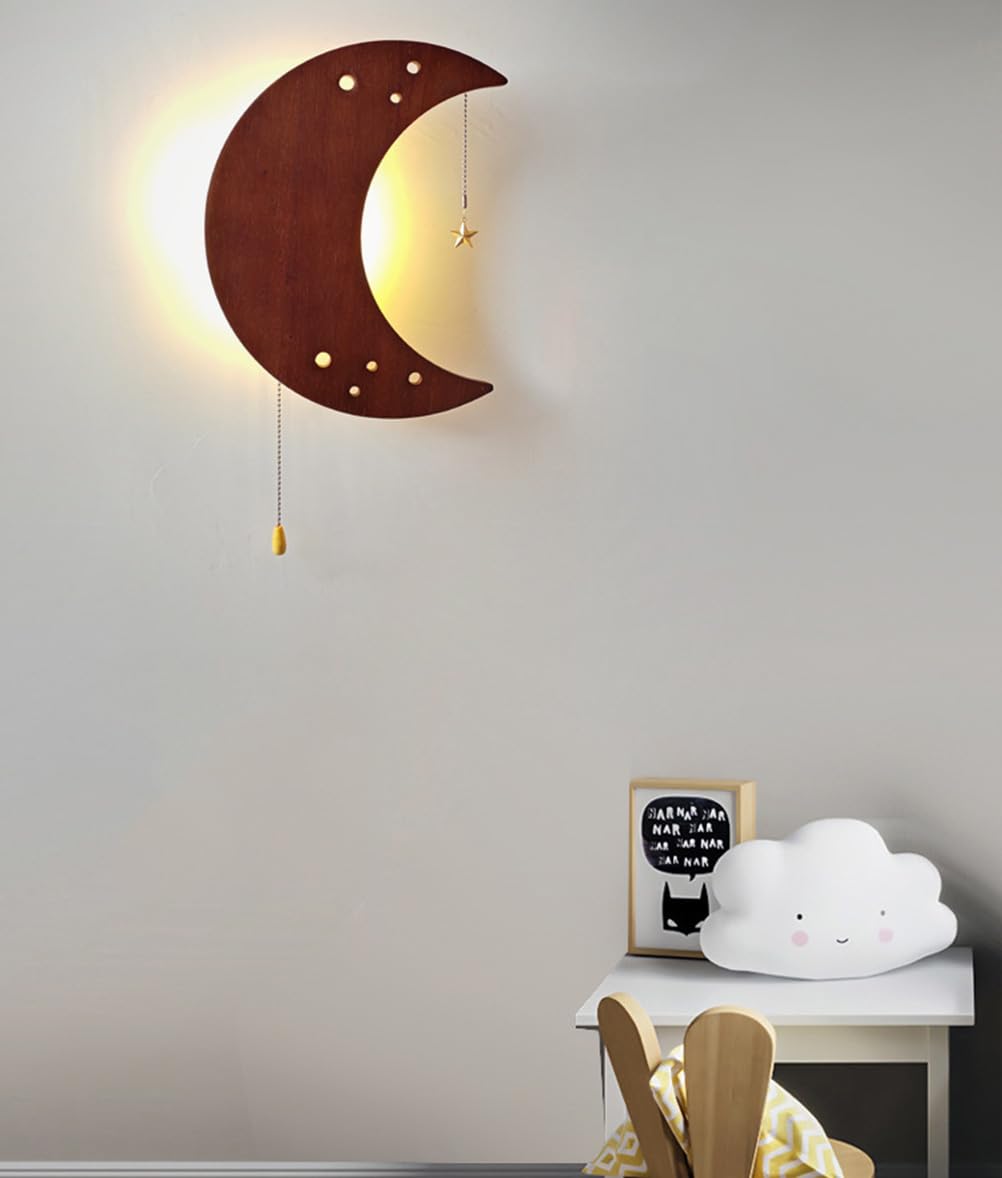 EaEa LED Mondlampe Wand Kinderzimmer Wandlampe mit Schalter, USB/Batteriebetrieb Wandleuchte Kinder Holz, 5W 3000K, Junge Mä