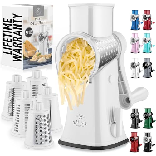Image of Zulay Rotary Cheese Grater 5 Blade Cheese Shredder - Manual Hand Crank Cheese Grater With Reinforced Suction & 5 Interchangeable Drums - Easy to Use Vegetable Chopper - Brilliant White