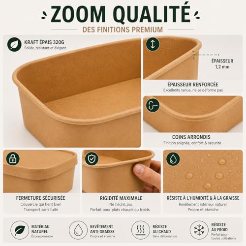 Barquettes Kraft Alimentaires Rectangulaires 750 ml Boîtes - 5