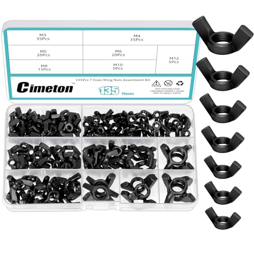 Cimeton 135PCS Wing Nuts Assortment Kits Carbon Steel M3 M4 M5 M6 M8 M10 M12 Black Butterfly Nut Wing Nuts Fasteners Wingnuts Hand Twist Tighten Ear for Home Building Industry