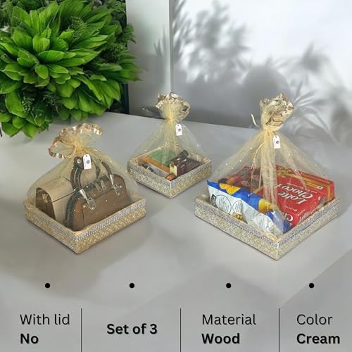 Image of (Set of 3-8 inch,10 inch,12 inch inch, Square, Beige-Stone Lace) MDF Base Designer Gift Hamper Packaging Baskets with Net Cover, Gift Hamper Organiser Perfect for Any Occasion