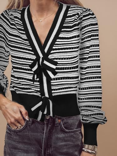 Image of ThCreasa Womens Long Sleeve Striped Cropped Sweater Bow Loose V Neck Knit Trendy Pullover Sweaters