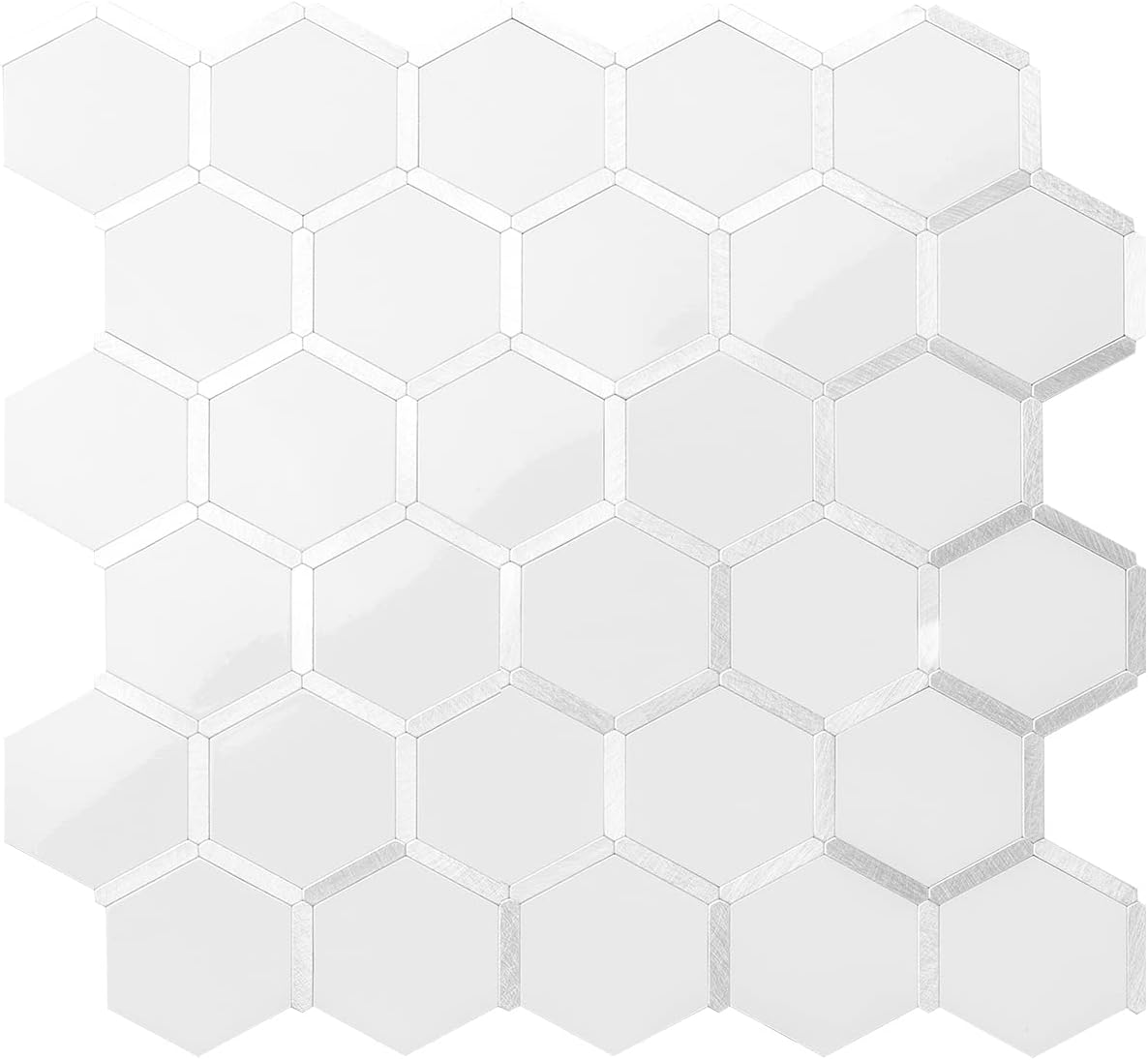 DICOFUN 10Sheet Hexagon Peel and Stick Backsplash Tile, Polished White Tile Look Mixed Silver