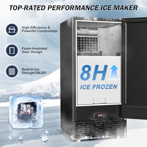 Image of SOZT Under Counter Ice Maker, 120LBS /24H Commercial Ice Machine | Self-Cleaning & 24H Timer, 30LBS Storage - Reversible Door, Built-in /Freestanding Design for Home Bar Cafe Restaurant