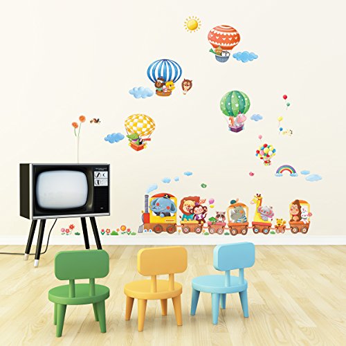 image for DECOWALL DA-1406 Animal Train and Hot Air Balloons Kids Wall Stickers 