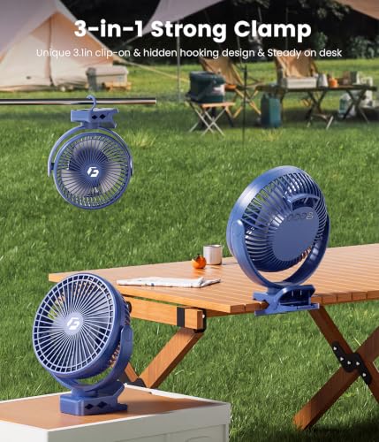 Image of 40000mAh Clip on Fan for Golf Cart, Up to 127Hrs Portable Rechargeable Fans | 8-inch Desk Fan with 3 Speeds, 9 LEDs, Timers, Hook, Battery Operated Fan for Office,Desk,Camping,Treadmill,Tent, Dark Blue