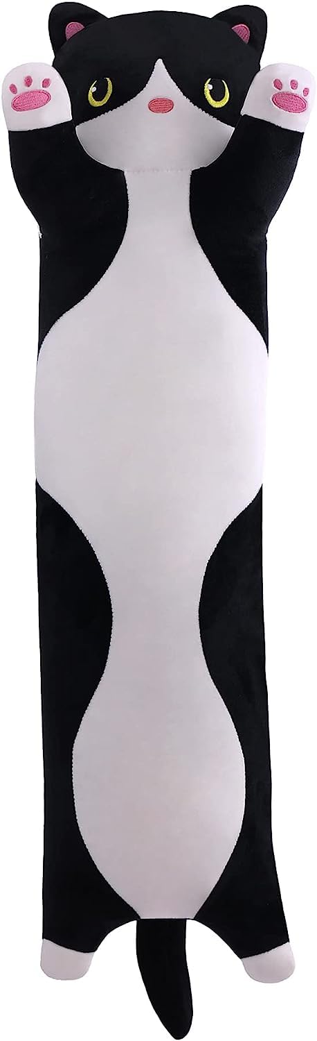 SNOWOLF - Morbido cuscino a forma di gatto dei cartoni animati, cuscino lungo, grazioso peluche, da regalare, soffice, grazioso e imbottito (colore: nero, 50 cm)