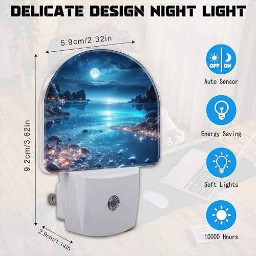 Image of Full Moon and Sparkling Lake Night Light for Kids,Magical Beach at Night Plug in Night Light with Dusk to Dawn Sensor, 0.5w Energy Saving Nightlight for Hallway Stairway Kitchen Bedroom