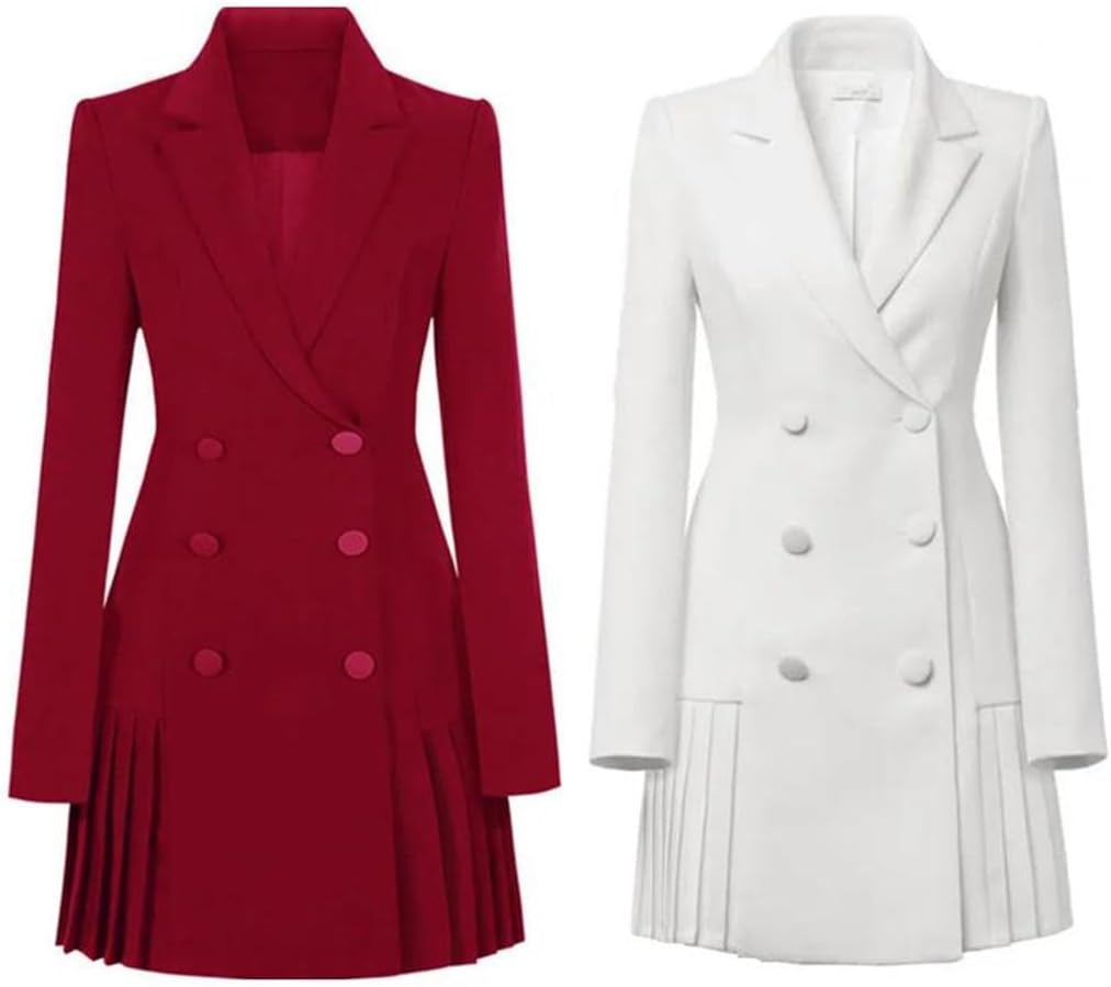 Women's Elegant Double Breasted Blazer Dress in Solid Colors for Formal Office and Professional Wear