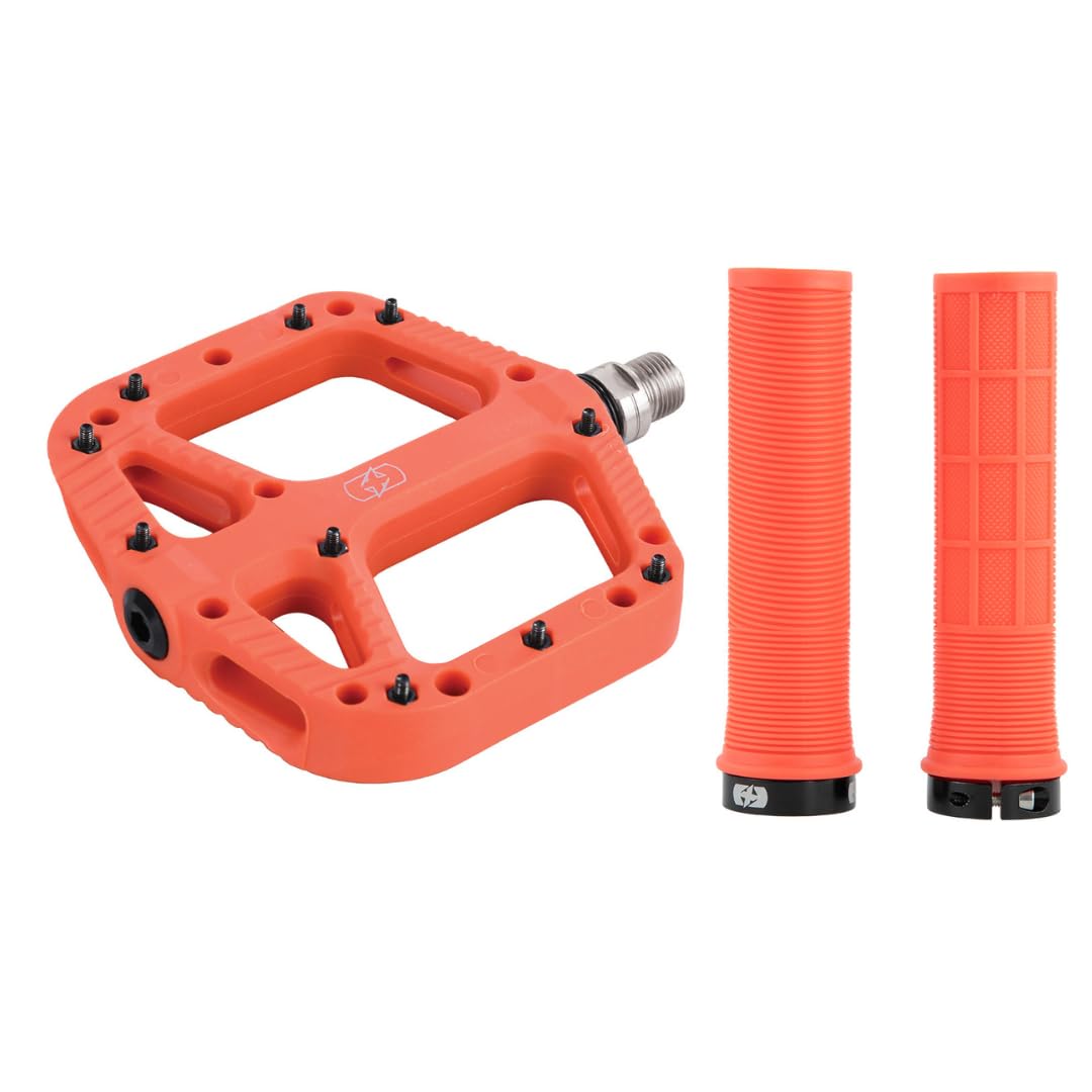 Oxford MTB Grip & Pedal Set – Lock-On Grips + Loam 2.0 Nylon Flat Pedals | Mountain Bike Components, Colour-Matched Pair – Orange - Trail Riding, Enduro Biking, Enhanced Grip & Control