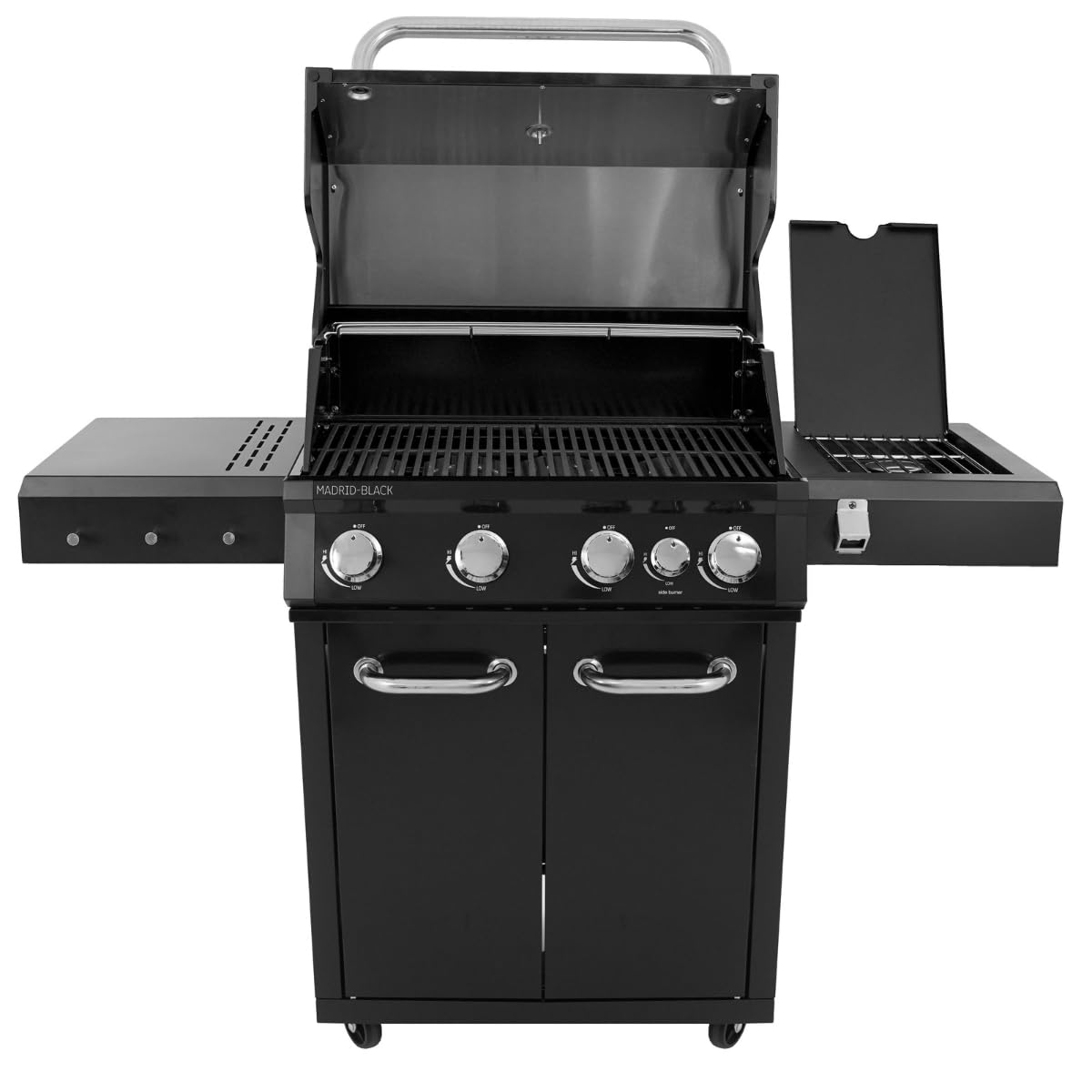 Barbecue a Gas 4 Bruciatori + Fornello Laterale 3,2 kW – BBQ in Acciaio Inox con Griglie in Ghisa Termometro Integrato, Coperchio e Ruote | Cucina da Giardino Professionale