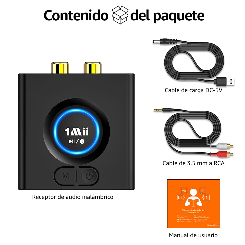 1Mii Receptor Bluetooth HiFi para Sistema Estéreo, Adaptador Audio Inalámbrico AUX/RCA Jack 3.5 con Refuerzo de Graves, Baja Latencia, 12H Autonomía para Amplificador, Coche y Altavoz