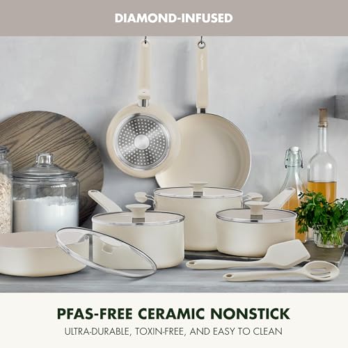 Image of GreenPan Rio Advanced 12 Piece Cookware Set, Ceramic Nonstick PFAS-Free Pots & Pans with Cooking Utensils, Induction Ready, Dishwasher & Oven Safe, Cream White