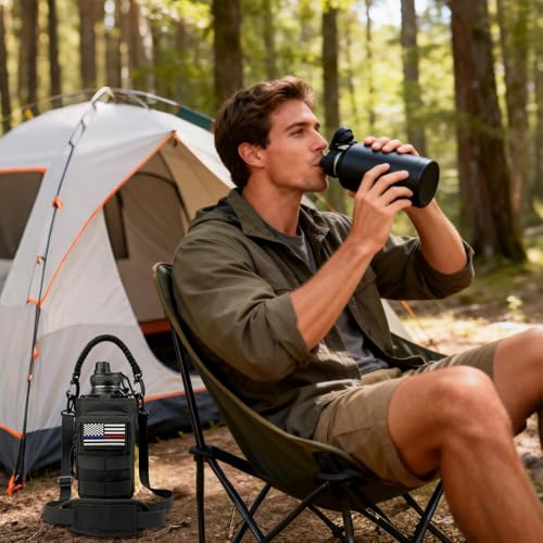 Image of 64 oz Insulated Water Bottle - Half Gallon Water Bottle with Sleeve Military Stainless Steel Water Jug with Handle for Men Sports Workout Hiking with Black Water Bottles Pouch