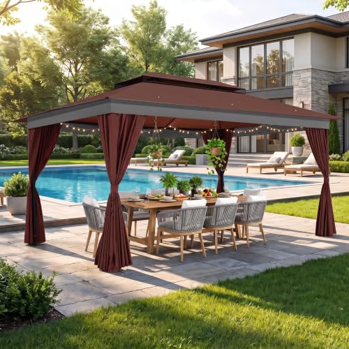 Image of COBIZI 10x15 Outdoor Patio Gazebo with Privacy Curtains, Brown