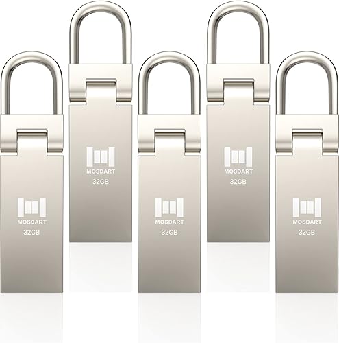 MOSDART Paquete de 5 unidades flash USB 2.0 impermeables de 32 GB con llavero, unidades de pulgar FAT32 de 32 GB, unidad de salto de metal, memoria