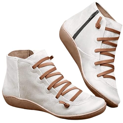 HCHCTRY Colorblock Retro Ethnic Style Casual Boots, Non-Slip Women's Shoes Side Zipper Hiking Boots Fashionable Off-Road Boots (White,9)