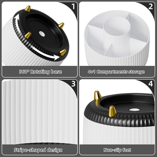 Image of Marbrasse Desk Organizer, 360-Degree Rotating Pen Holder, Desk Organizers and Accessories with 5 Compartments Pencil Holder, Art Supply Storage Box Caddy for Office, Home (White+Black)