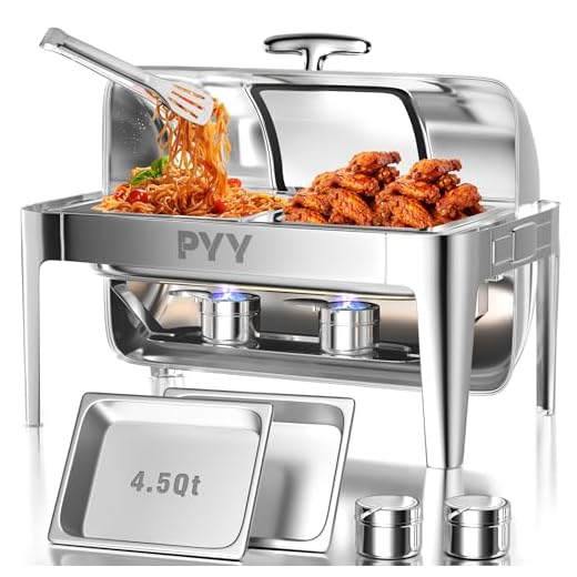 PYY Roll Top Chafing Dish Buffet Set, 9 QT Stainless Steel Chafing Server Set for Catering Commercial Chafers Buffet Warmer for Parties, Wedding, Banquet, Events (2 Half-Size)