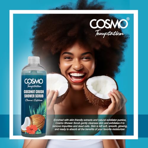 Cosmo Skin Care Temptation Coconut Crush Shower Scrub 1000ml/33.81fl.oz, Body Cleansing, Skin Exfoliate, Remove Impurities & Dead Cells, Best Body Wash, Daily Use Shower Gel, All Skin Types