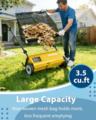 Image of Push Lawn Sweeper, 26 Inch Extra-Wide 4-Brush System, 7 cu.ft. Mesh Bag, Heavy Duty Steel Frame, Height-Adjustable Yard & Garden Cleaner for Leaves and Grass, Yellow