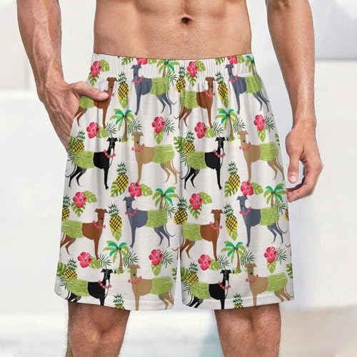 Tropical Palm Tree Hula Dancer Dog Greyhound Pattern Men's Satin Pajama Boxer Shorts Silk Feeling Lounge Sleep Underwear2