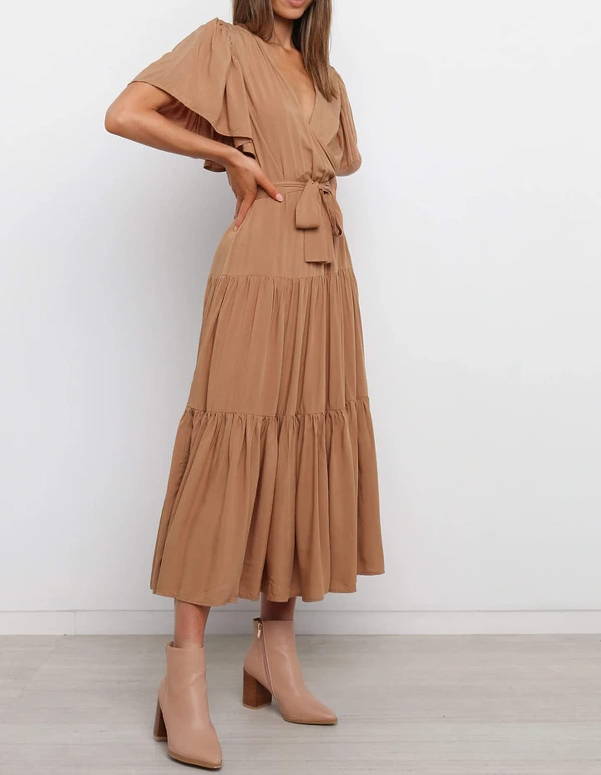 R.Vivimos Summer Dress for Women Cotton Ruffle Short Sleeves V Neck Casual Flowy Midi Dress with Belt